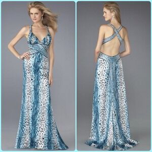 Vintage Caché Gown Y2K Blue Cheetah Print Sequins Beaded Sz 4 Formal Prom‎ Dress